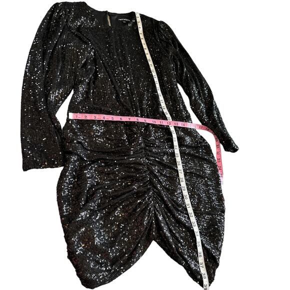 Retrofete Flynn Sequin Ruched Tulle Long Sleeve Key Hole Mini Dress Black Large - Picture 13 of 16